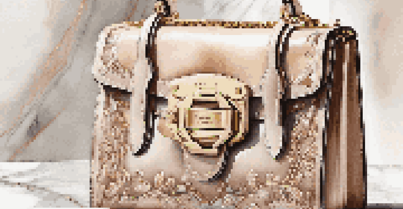 A close-up view of a limited-edition luxury handbag on a marble surface, showcasing its intricate details.