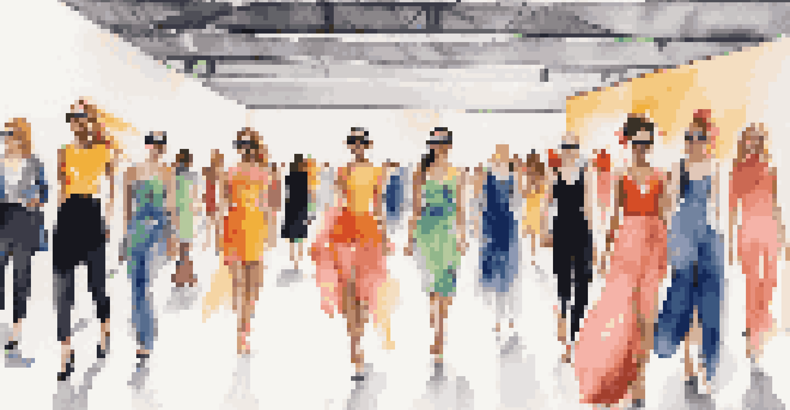 A colorful fashion show with models in bold outfits walking in a minimalist warehouse, surrounded by an energetic audience taking pictures.