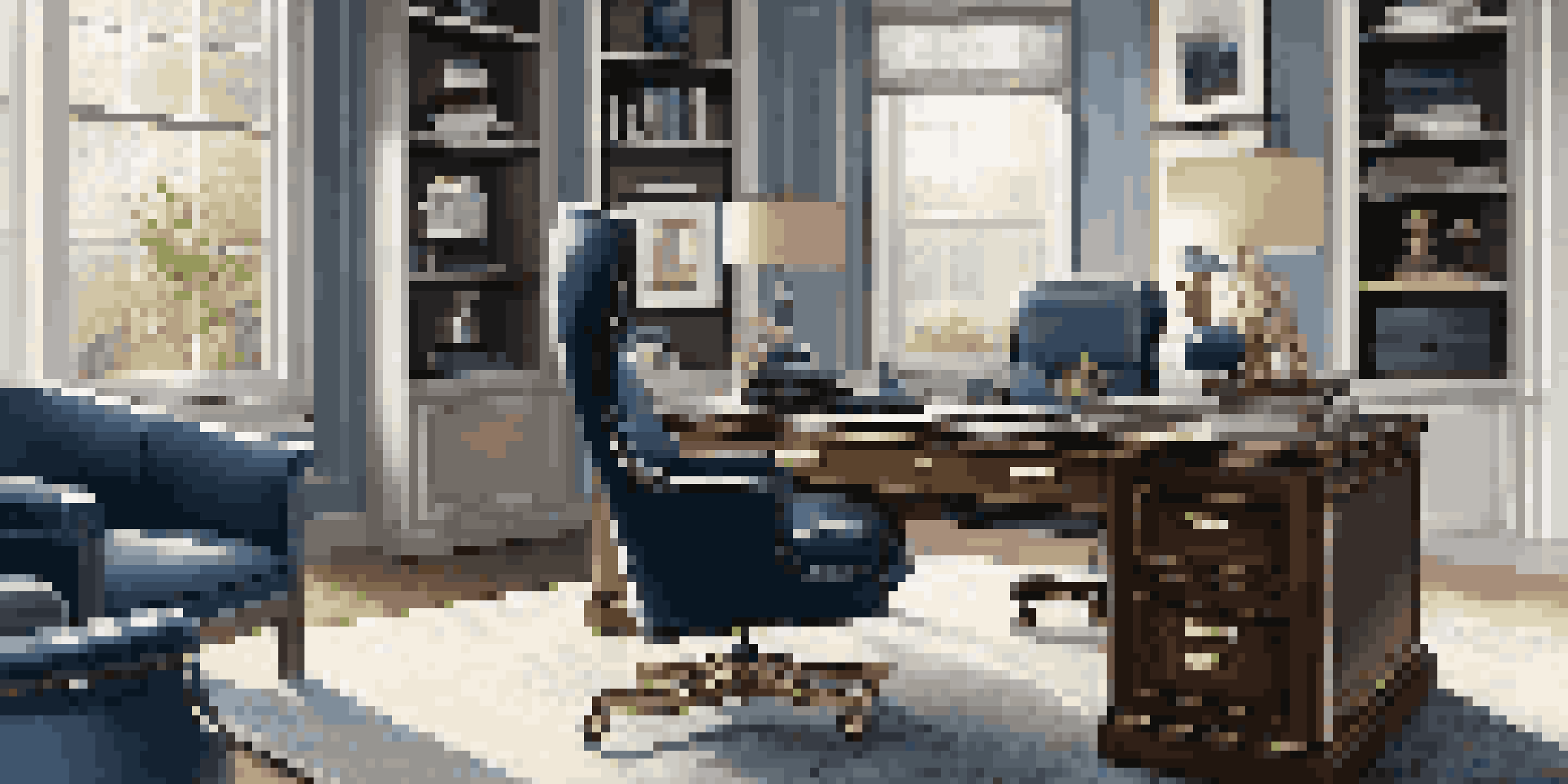 A luxurious home office with a leather ergonomic chair, a smart desk, and a high-tech monitor, illuminated by natural light.