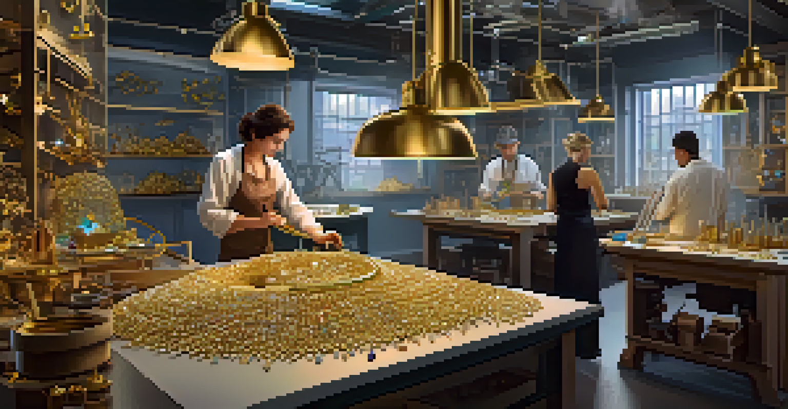 An innovative jewelry workshop featuring artisans working with technology and various materials for jewelry design.