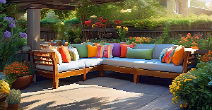 An elegant outdoor living area with reclaimed wood furniture and a vibrant garden of drought-resistant plants, illuminated by warm sunlight.