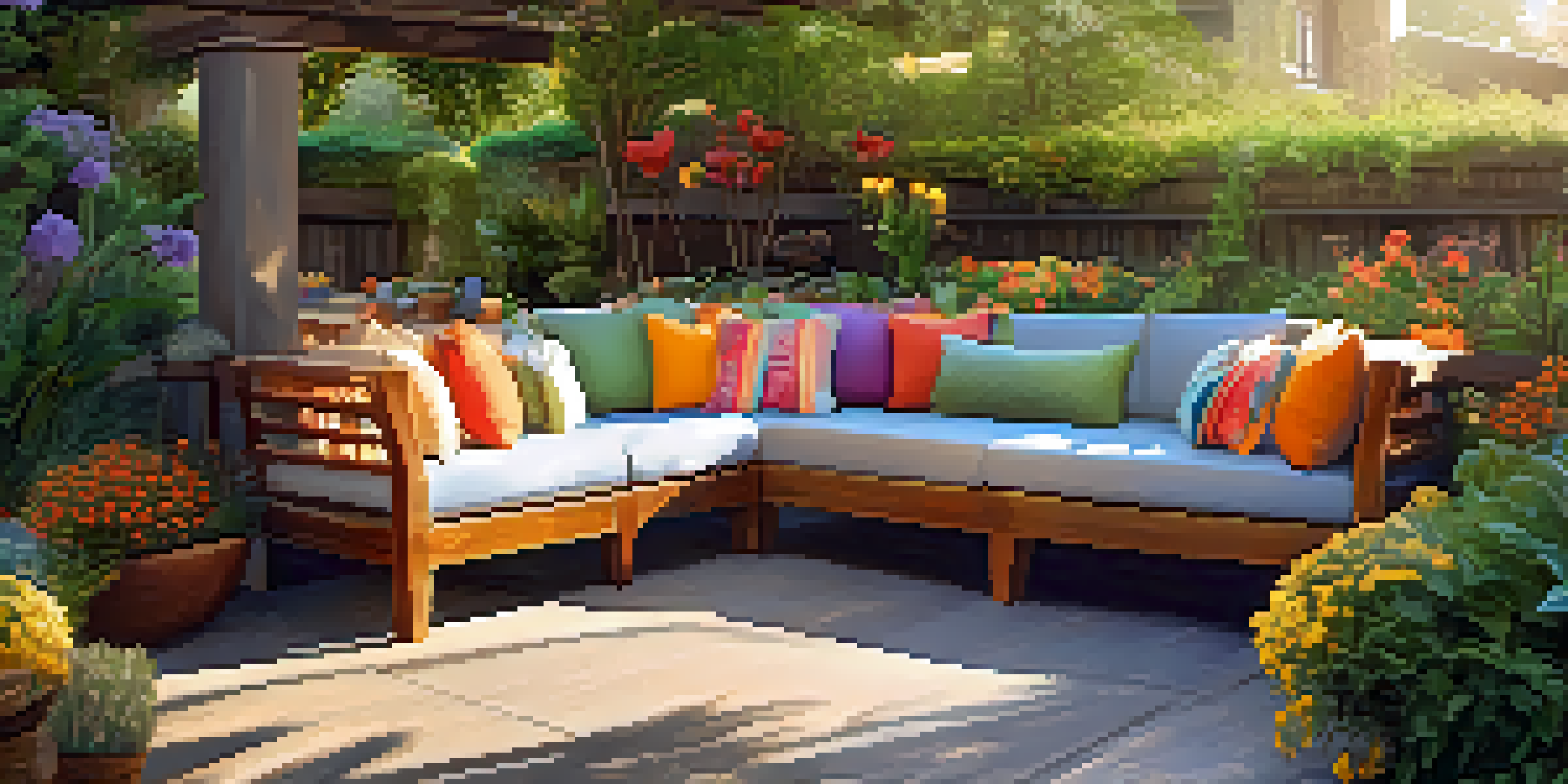 An elegant outdoor living area with reclaimed wood furniture and a vibrant garden of drought-resistant plants, illuminated by warm sunlight.