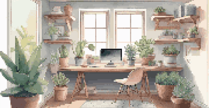 A cozy home office in a small nook with a wall-mounted desk, pastel colors, natural light, and a small succulent on the desk.