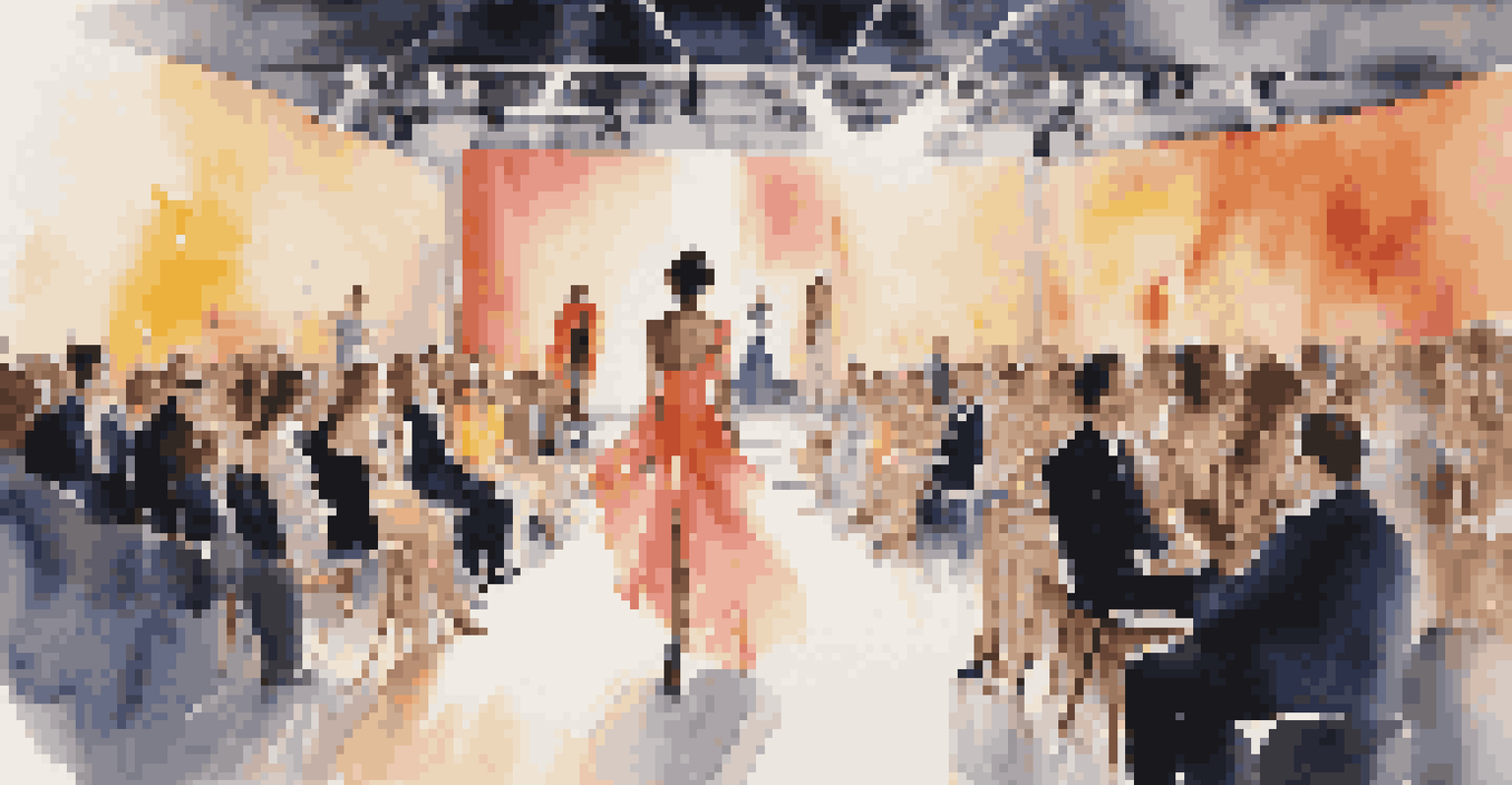 A fashion show with models on the runway and a live band performing, creating a vibrant and engaging atmosphere.