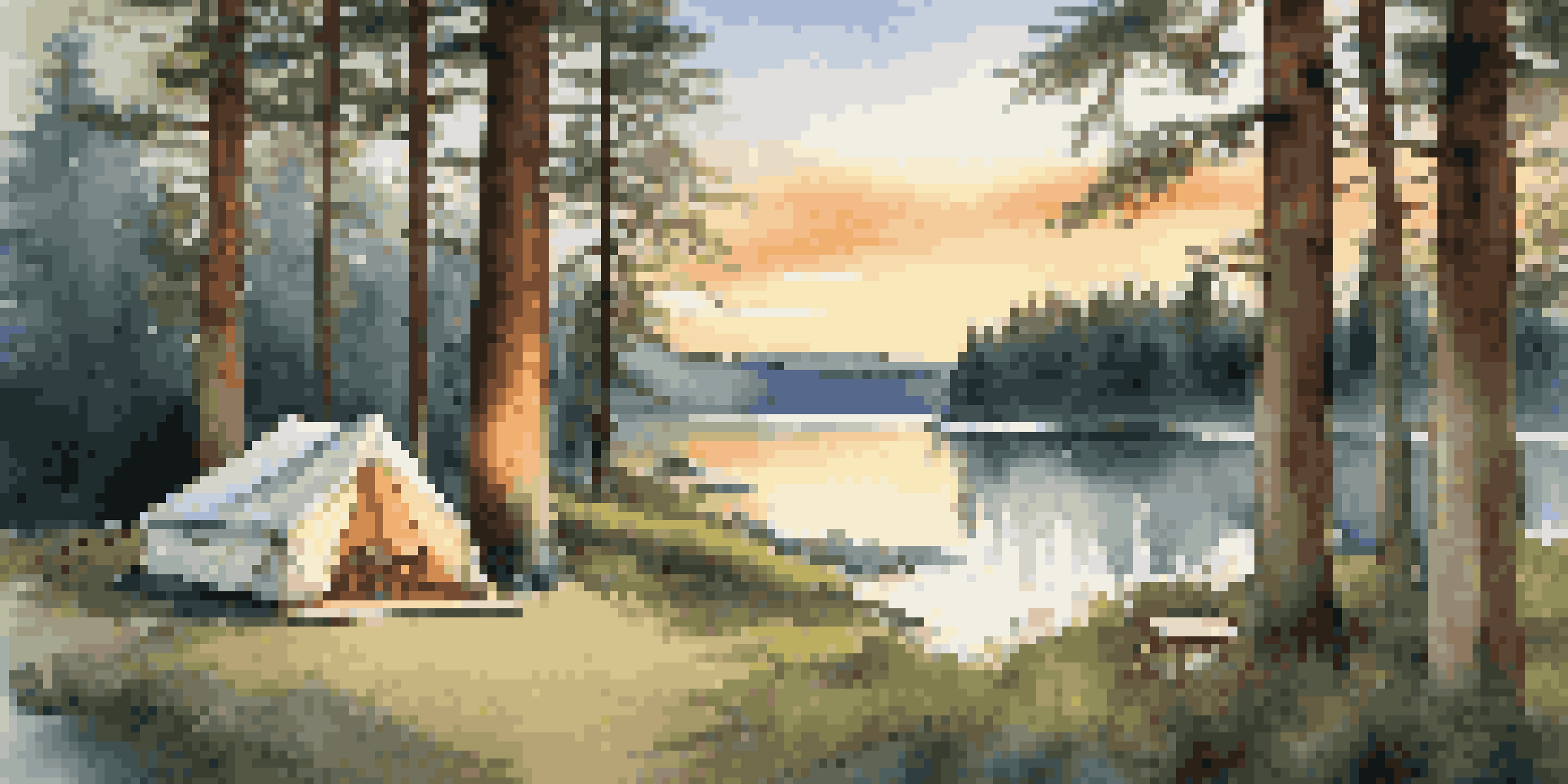 A peaceful luxury camping setup at sunrise with a tent surrounded by trees, showcasing elegant furnishings and a beautiful breakfast spread.