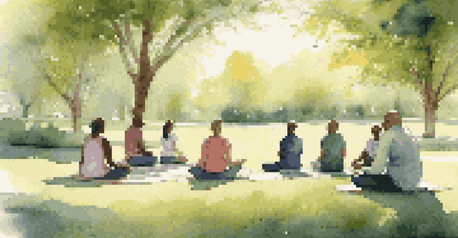 Participants in a circle engaged in guided meditation on a grassy area, surrounded by trees and soft sunlight.