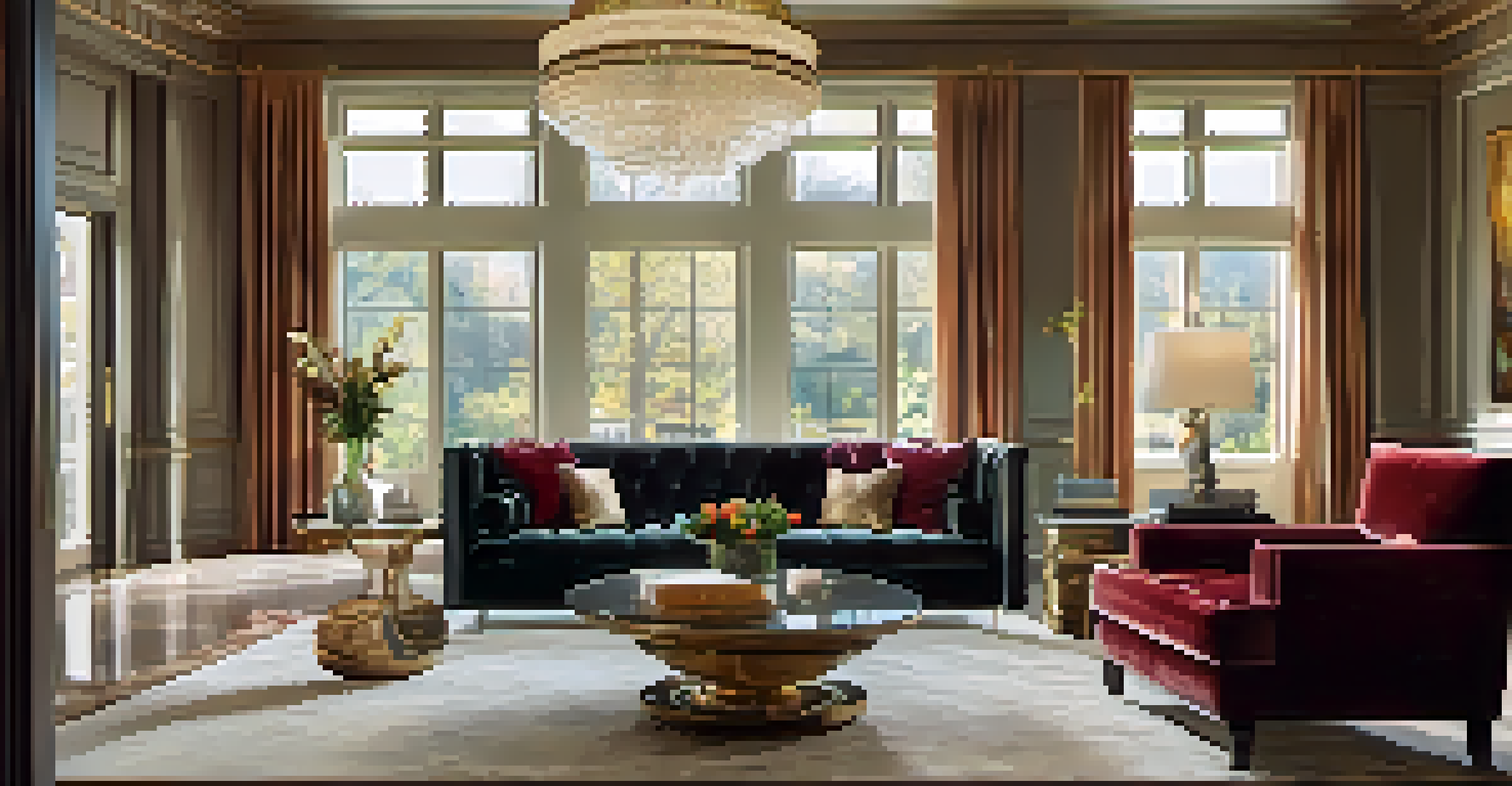 A stylish living room with plush velvet sofa and elegant decor, illuminated by natural light from large windows.