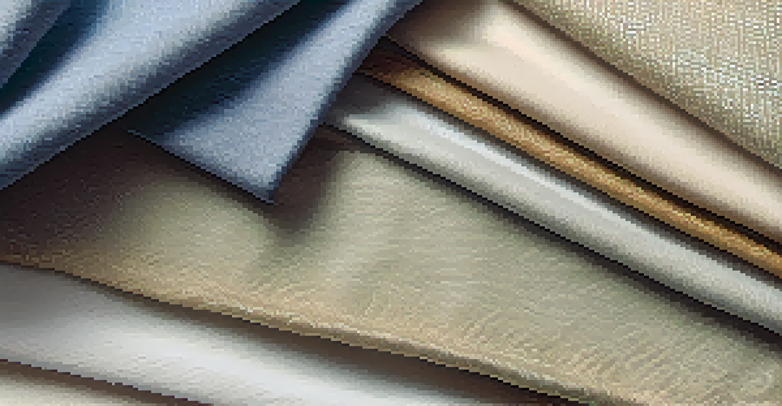 Close-up of high-quality fabric swatches like cotton, wool, and silk, displayed on a textured surface with soft lighting.