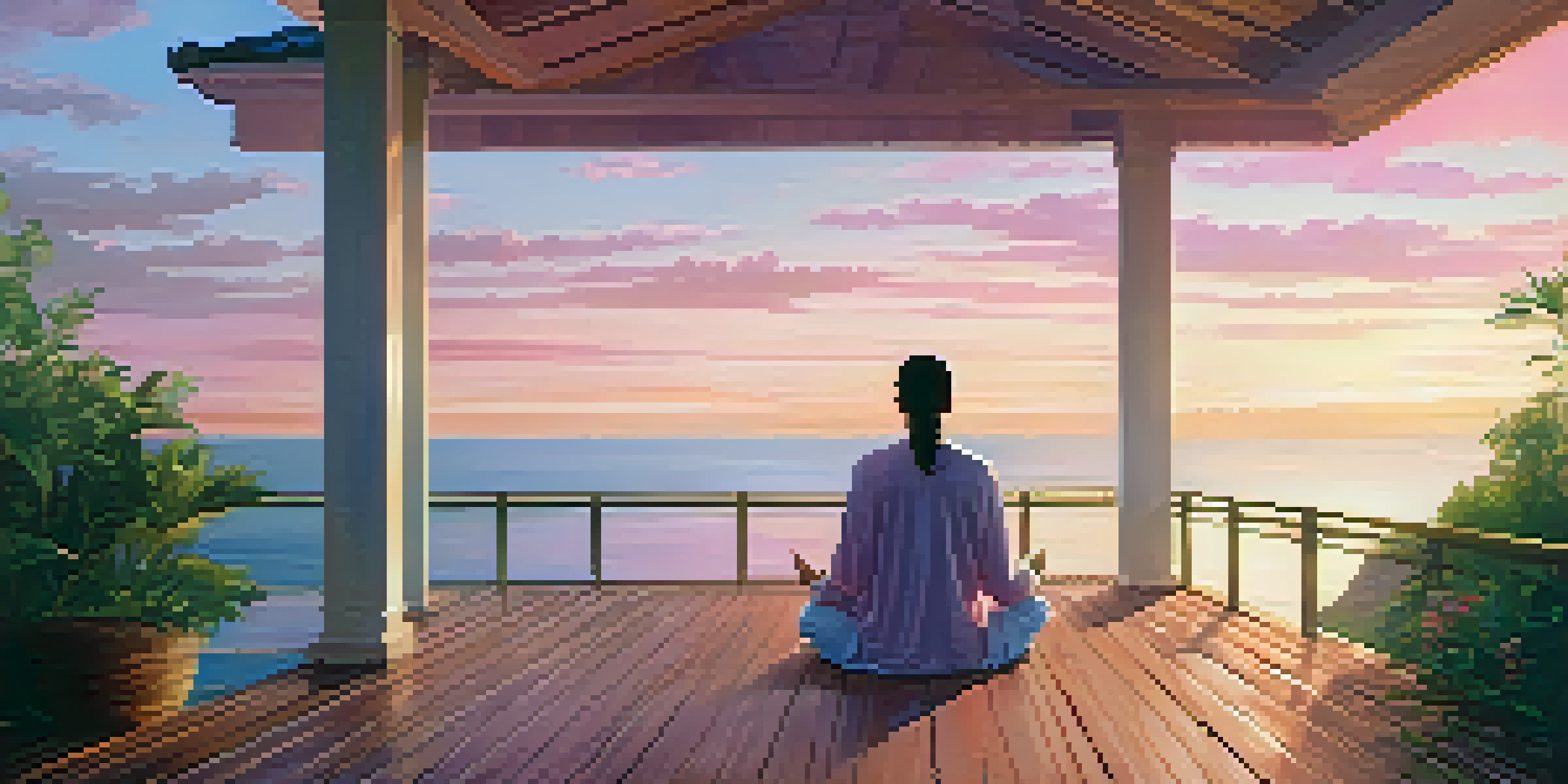 A person meditating on a wooden deck by the ocean at sunrise, surrounded by greenery.