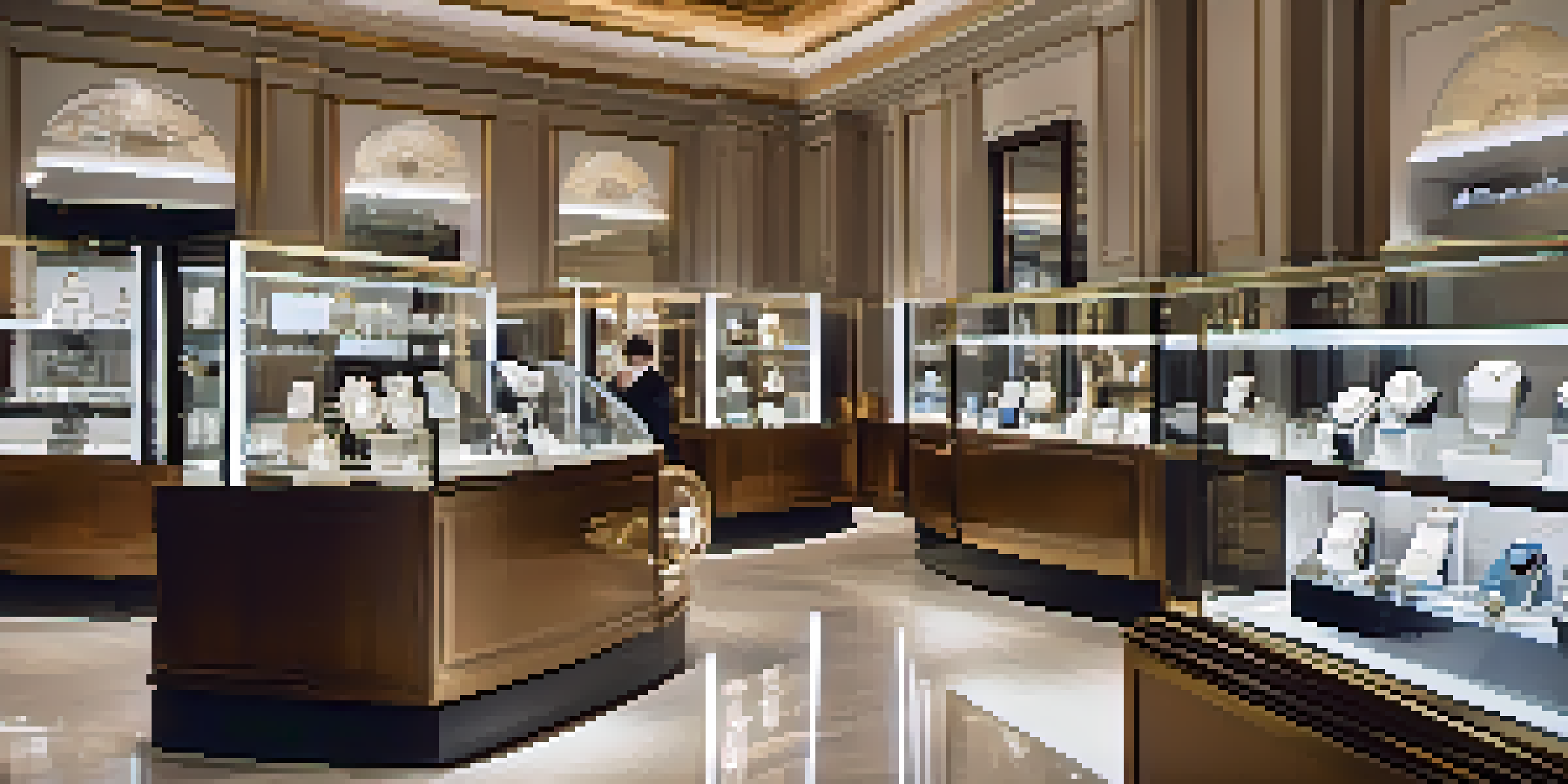An elegant luxury retail store with a display of high-end watches, featuring a customer using a digital tablet for assistance.