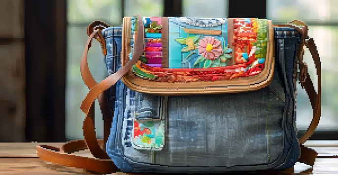 A handbag crafted from upcycled denim with colorful patches on a wooden table, surrounded by fabric scraps.