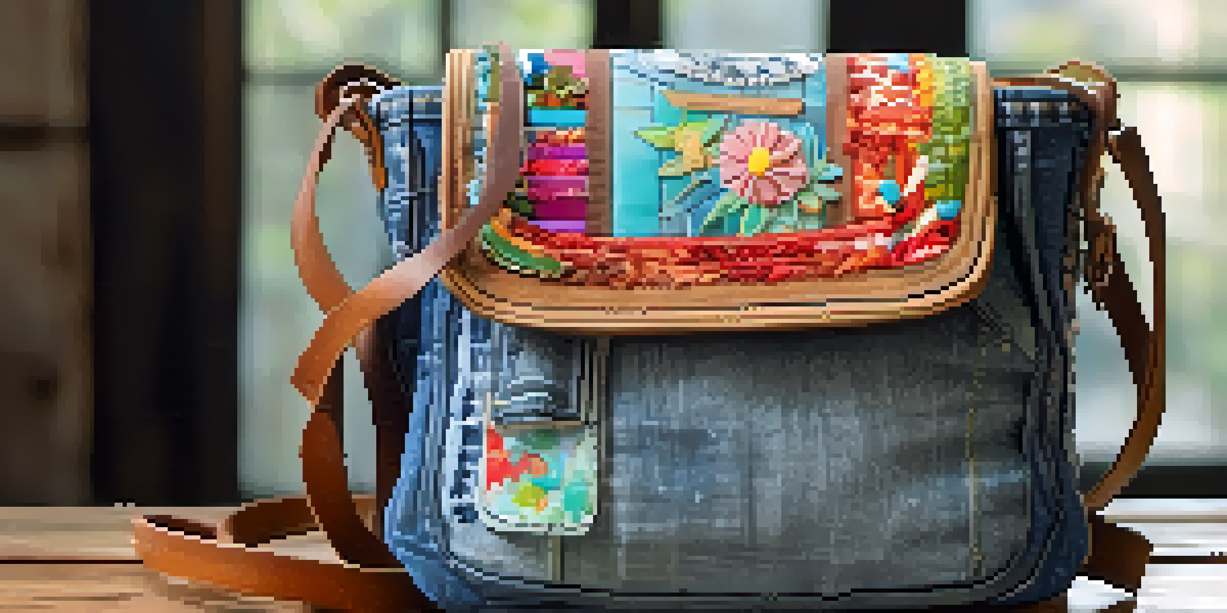 A handbag crafted from upcycled denim with colorful patches on a wooden table, surrounded by fabric scraps.