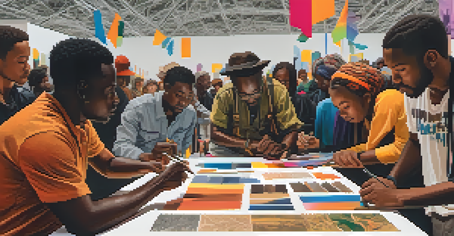 An African artist and a European curator collaborating on an art installation, surrounded by observers at an art fair.