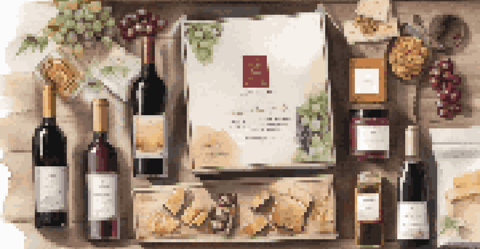 An open luxury wine subscription box with various wine bottles, tasting notes, and snacks on a wooden surface.