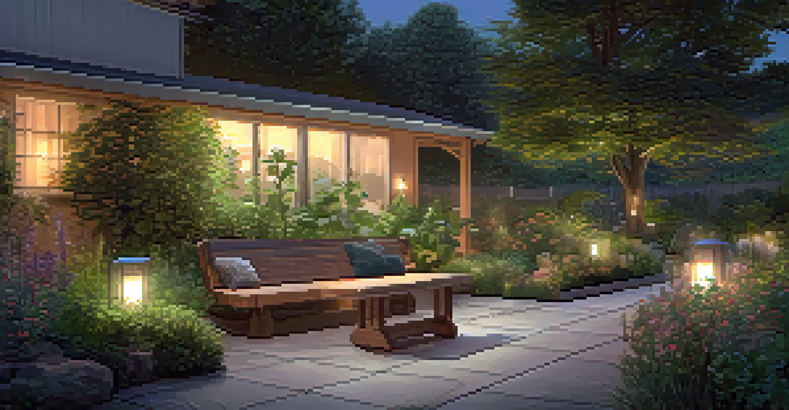 A cozy outdoor garden illuminated by solar-powered lights, featuring a stylish seating area and a rainwater harvesting barrel.