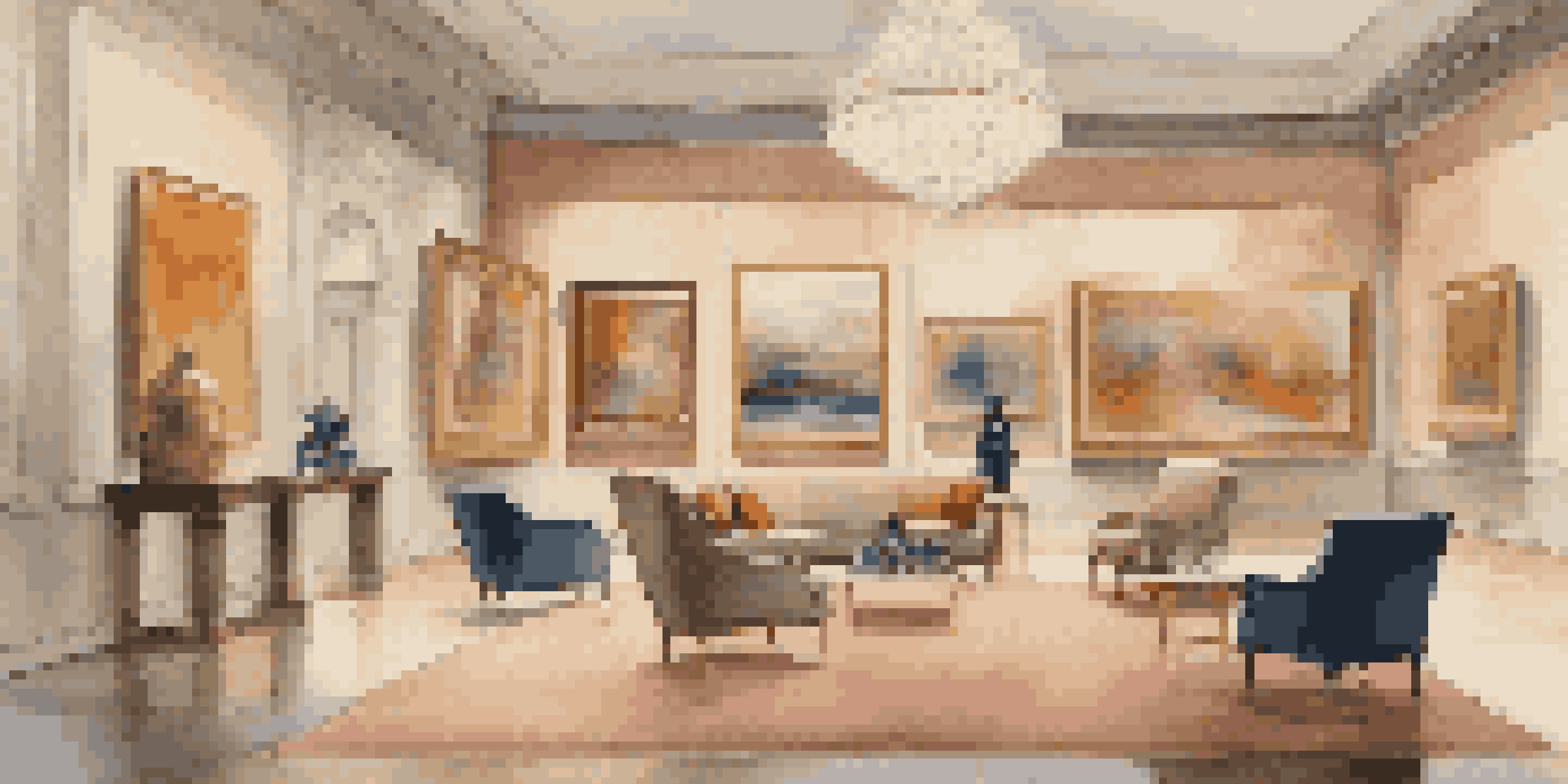 A luxurious art gallery filled with colorful abstract paintings and elegant sculptures, illuminated by soft lighting.