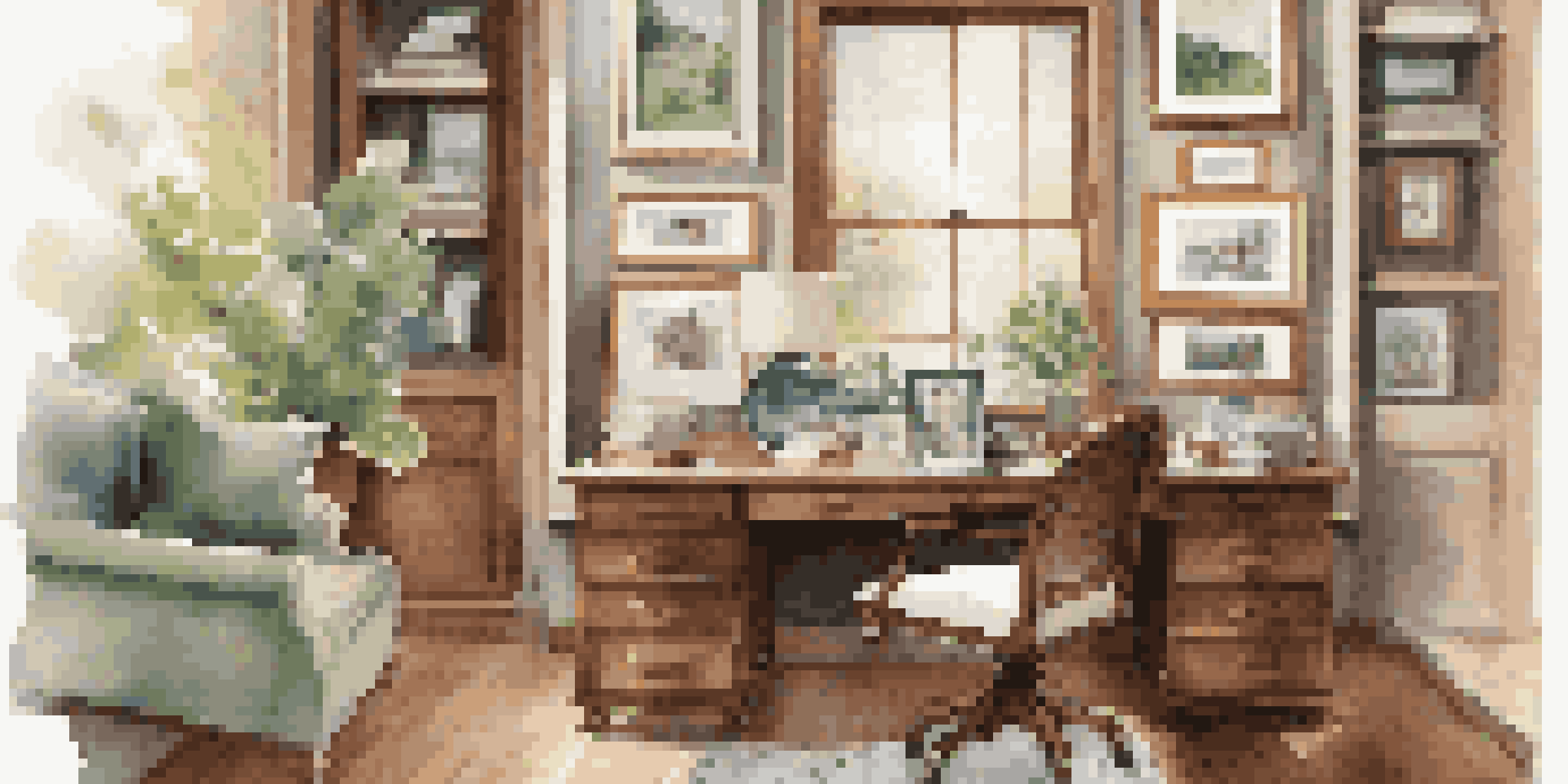 A cozy home office featuring a wooden desk with elegant family photo frames, a gallery wall of memories, and soft natural light illuminating the space.