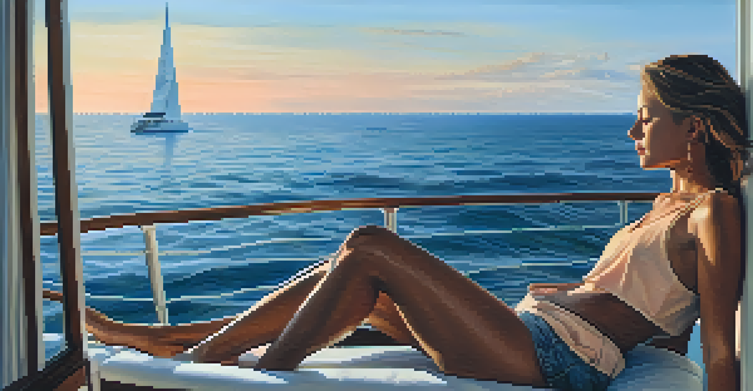 A person sitting cross-legged on a yacht deck, practicing mindfulness with closed eyes, surrounded by calm waters and a pastel-colored sky at dawn.