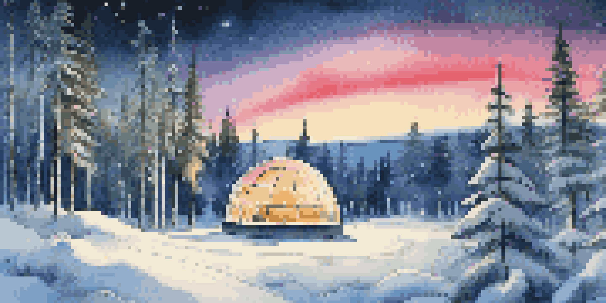 A beautiful winter landscape in Lapland with snow-covered terrain, pine trees, and the Northern Lights in the night sky, featuring a glowing glass igloo.