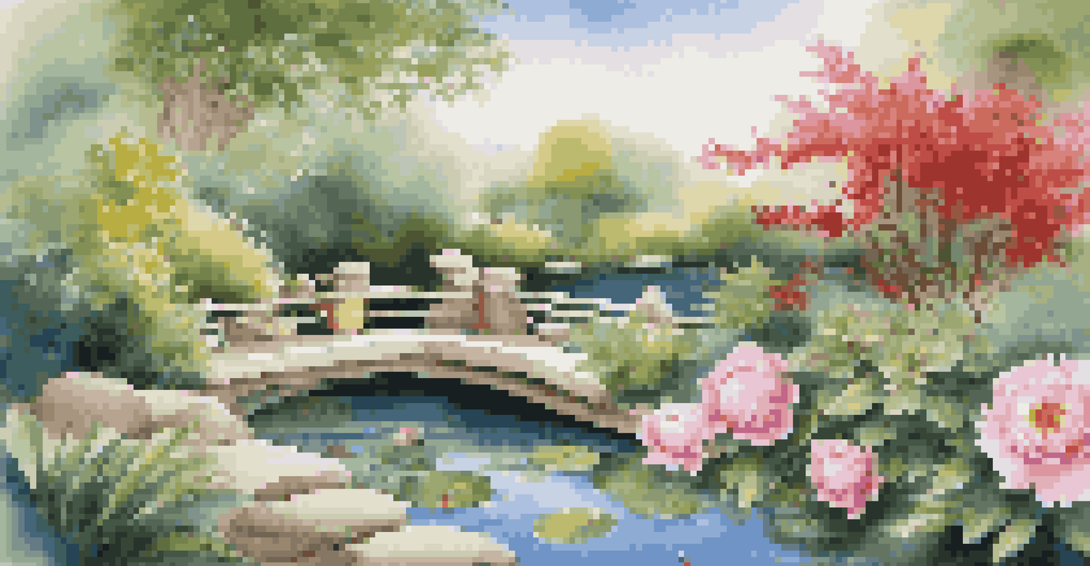 An elegant outdoor garden featuring bamboo, peonies, a pond with koi fish, and lush greenery under a clear blue sky, embodying tranquility.