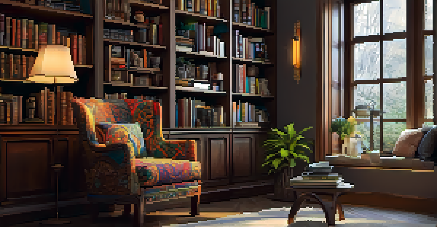 A cozy living room nook with a custom-built bookshelf filled with books, featuring a plush armchair and warm lighting for a reading space.