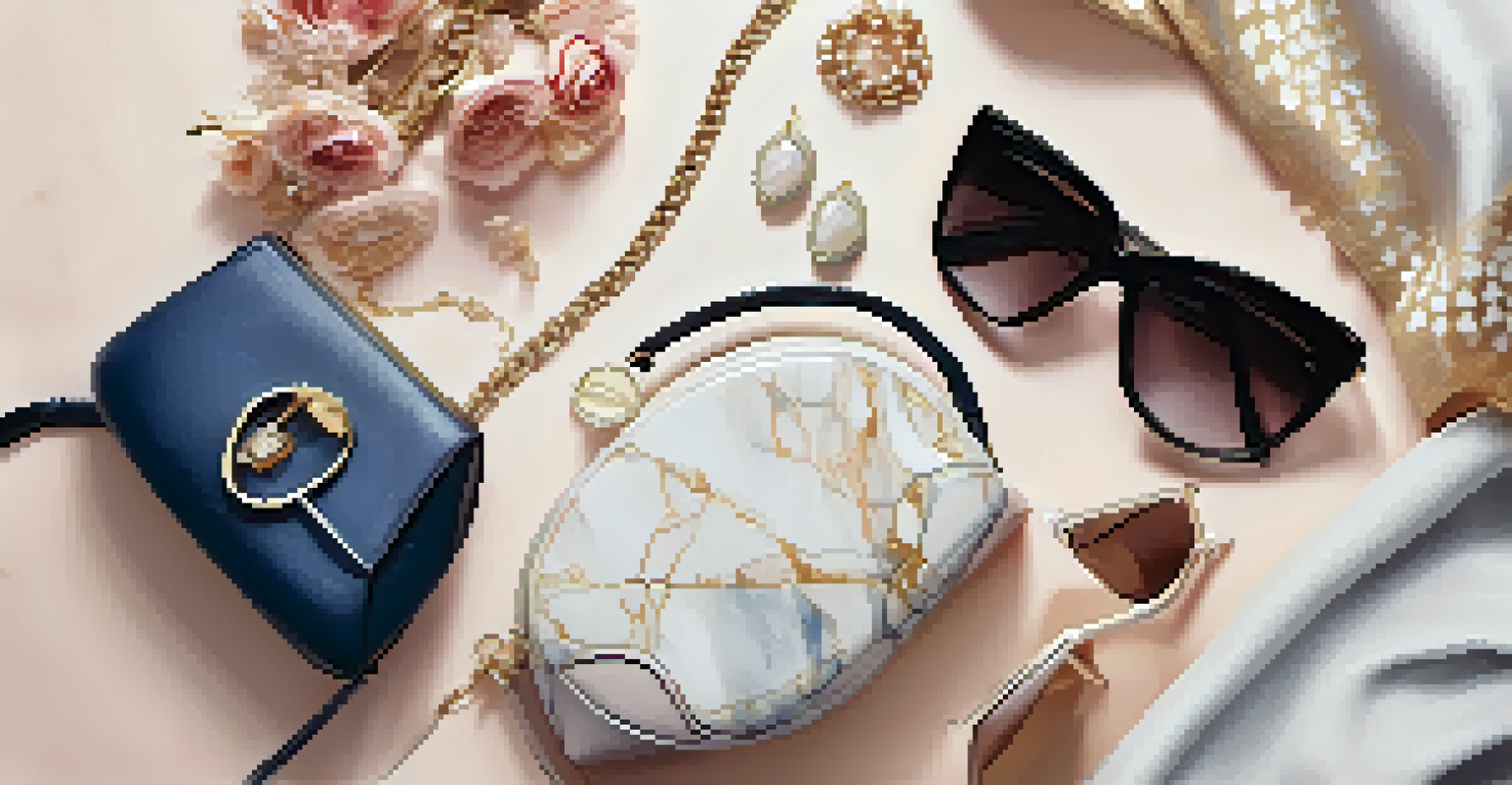 A flat lay of luxury fashion items on a marble background, featuring a handbag, jewelry, and sunglasses with flowers.