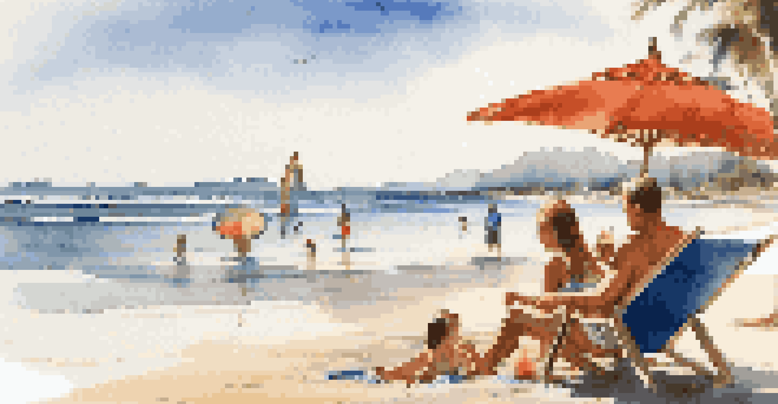 A family enjoying a day at the beach, with a child playing in the water and a surfboard on the sand, surrounded by colorful beach umbrellas.