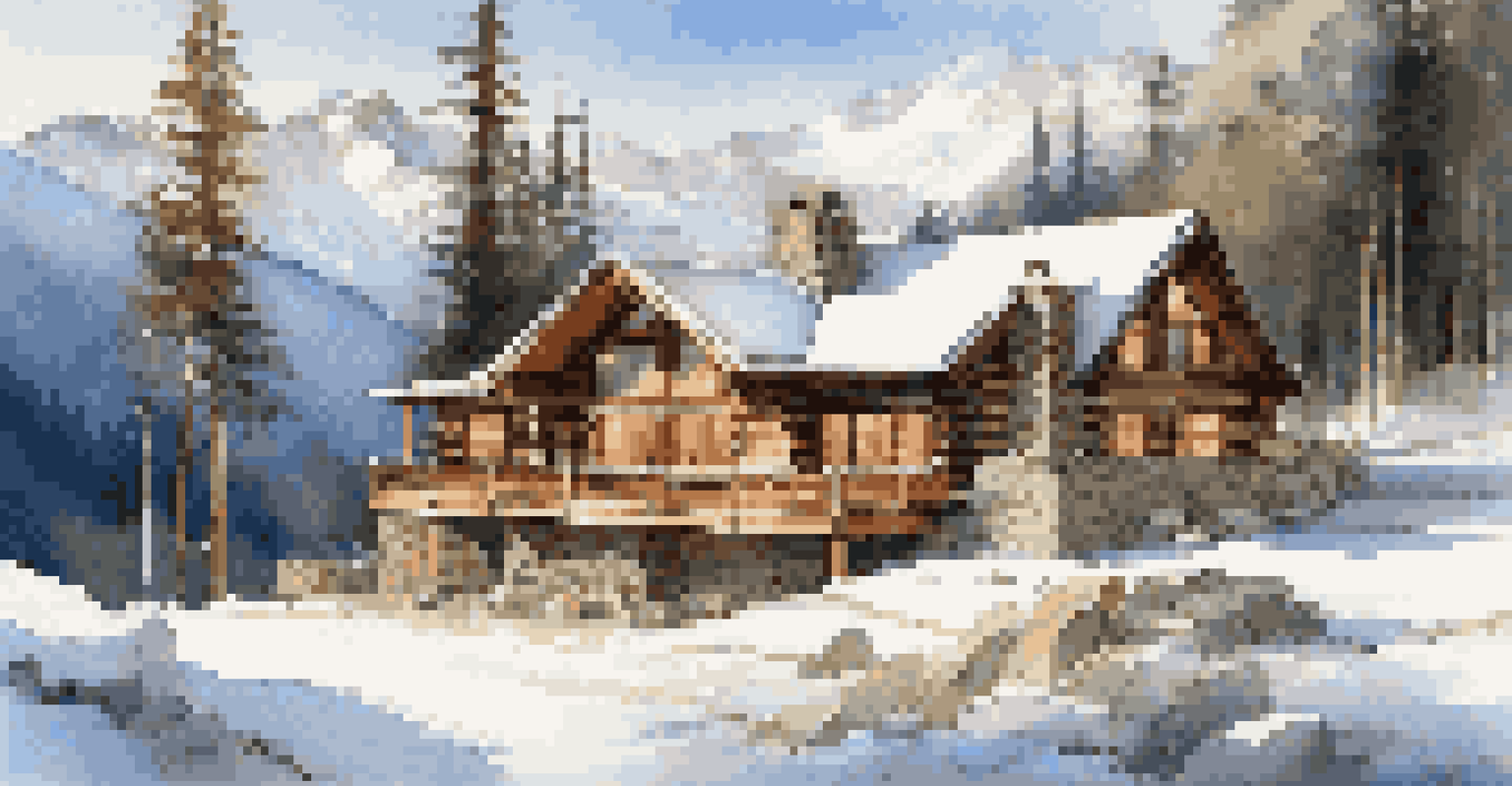 A cozy wooden cabin in the mountains surrounded by snow, featuring large windows and a stone fireplace.