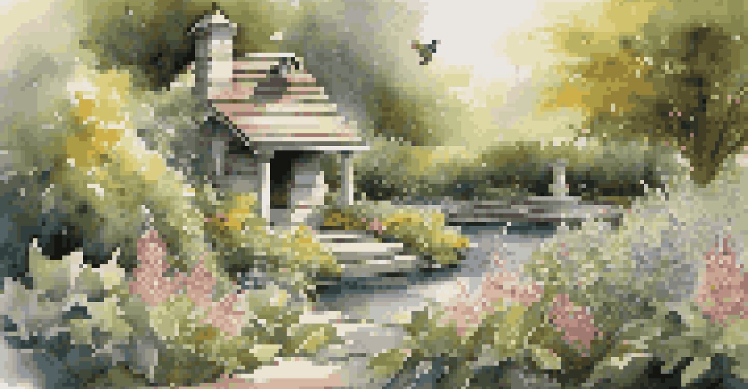 A tranquil garden with a birdhouse, flowering plants, and a birdbath, illuminated by sunlight filtering through the leaves.