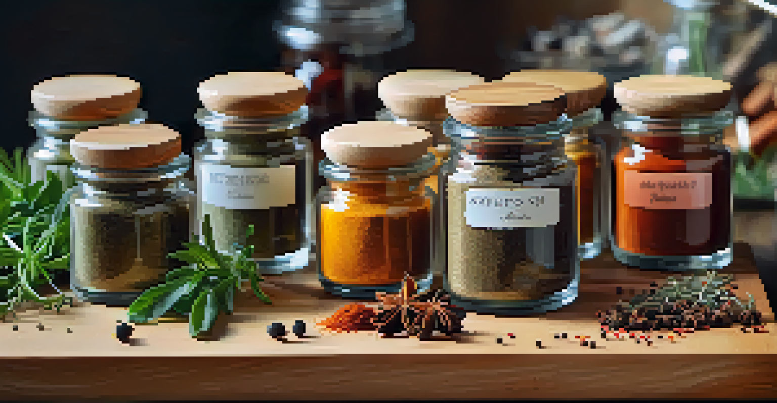 Close-up of colorful gourmet spices in glass jars, with fresh herbs and a wooden cutting board in the background.