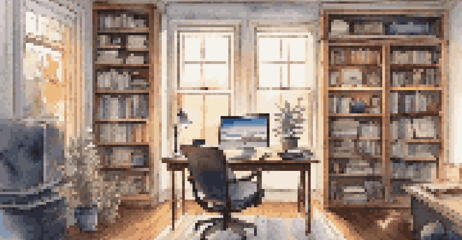 A cozy home office with a person at an adjustable desk, surrounded by smart lighting, bookshelves, and natural light.