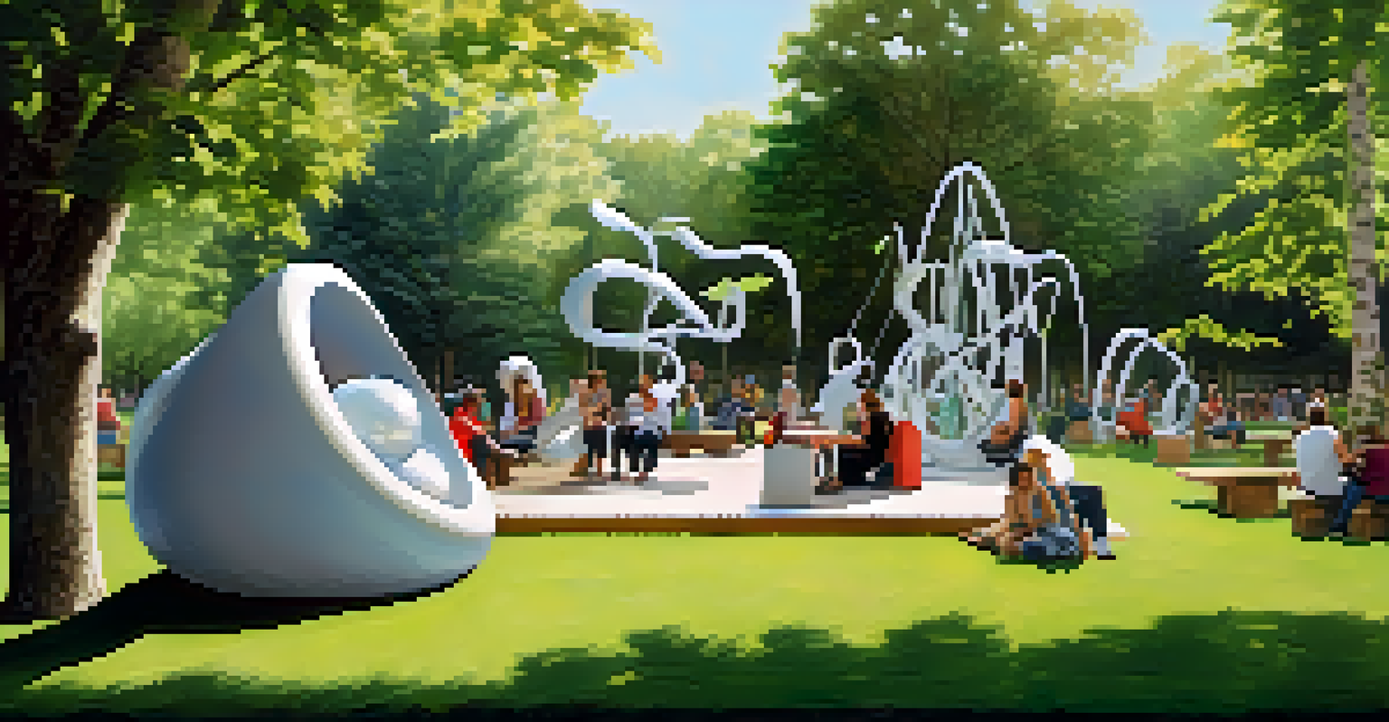 An outdoor art installation with large sculptures made of recycled materials in a sunny park, with visitors enjoying the art.