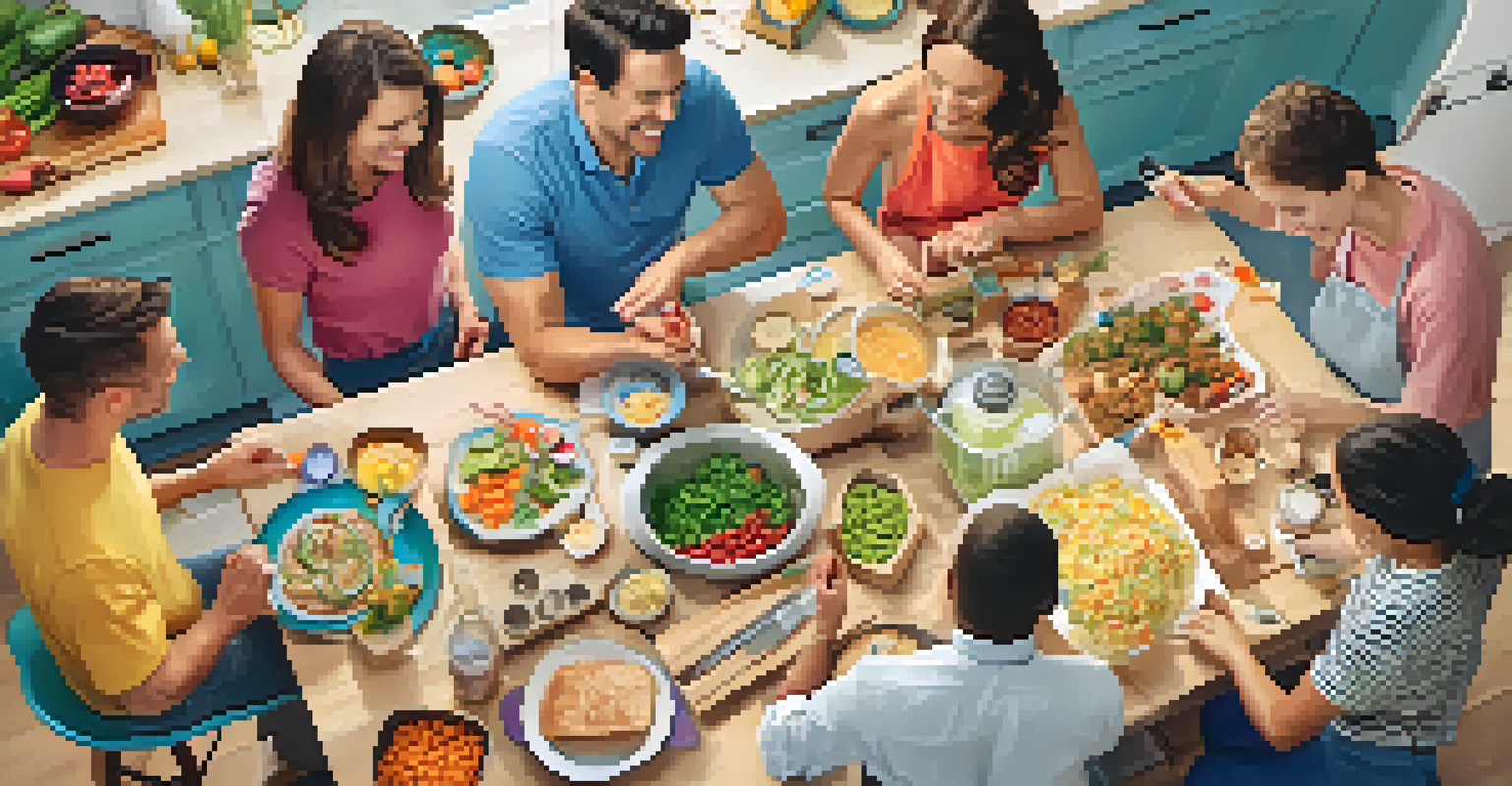 A family enjoying the unboxing of a luxury subscription box filled with colorful ingredients and recipe cards in a kitchen.