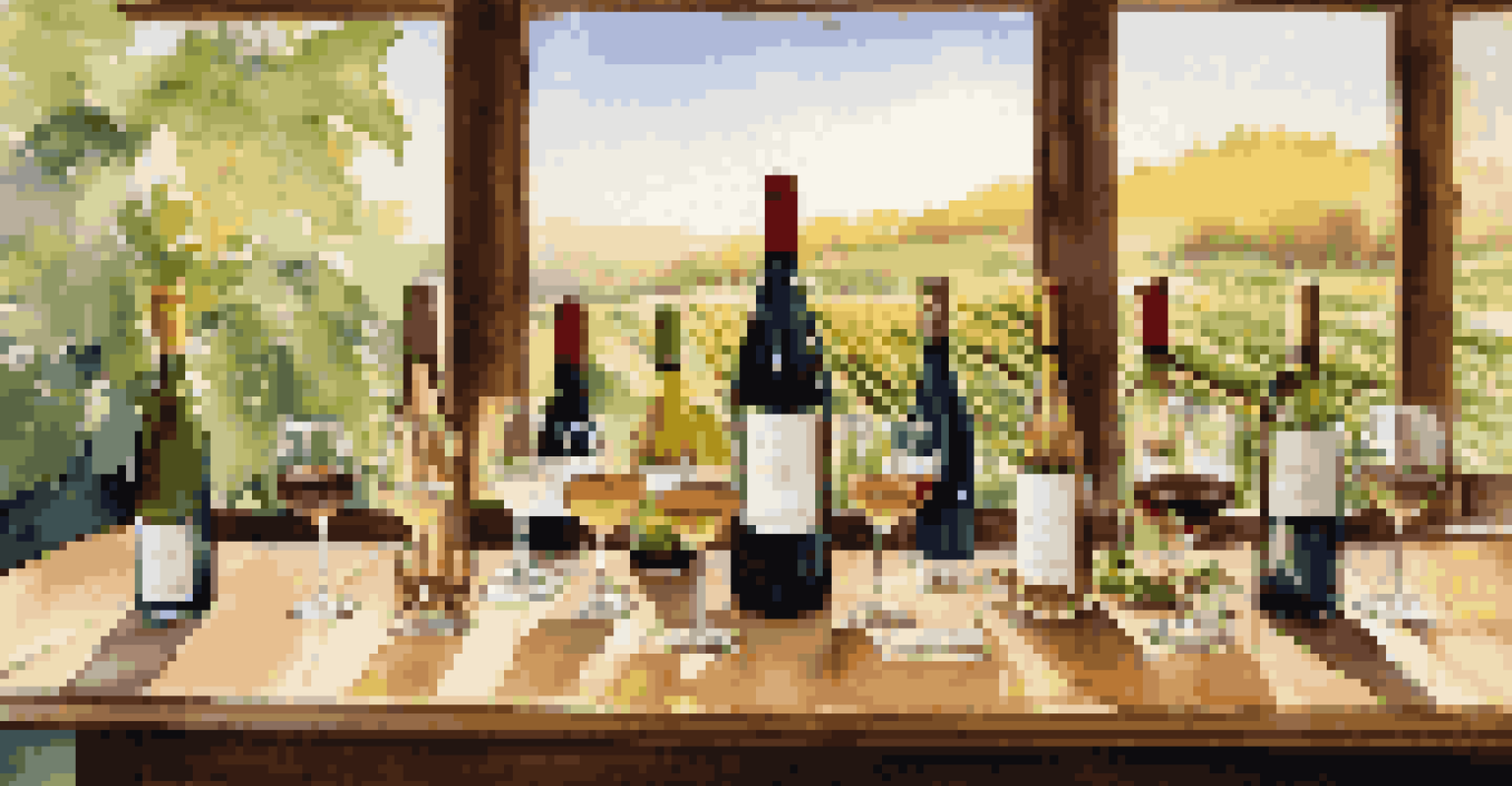 A beautiful setup of wine glasses showcasing different varietals on a wooden table with vineyards in the background.