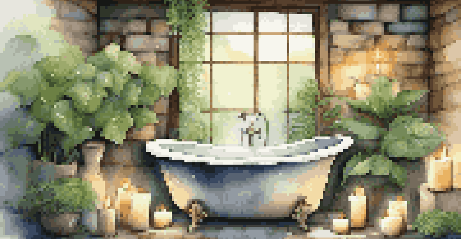 A tranquil spa bathtub filled with milk, surrounded by stones, plants, and candles in a dimly lit environment.
