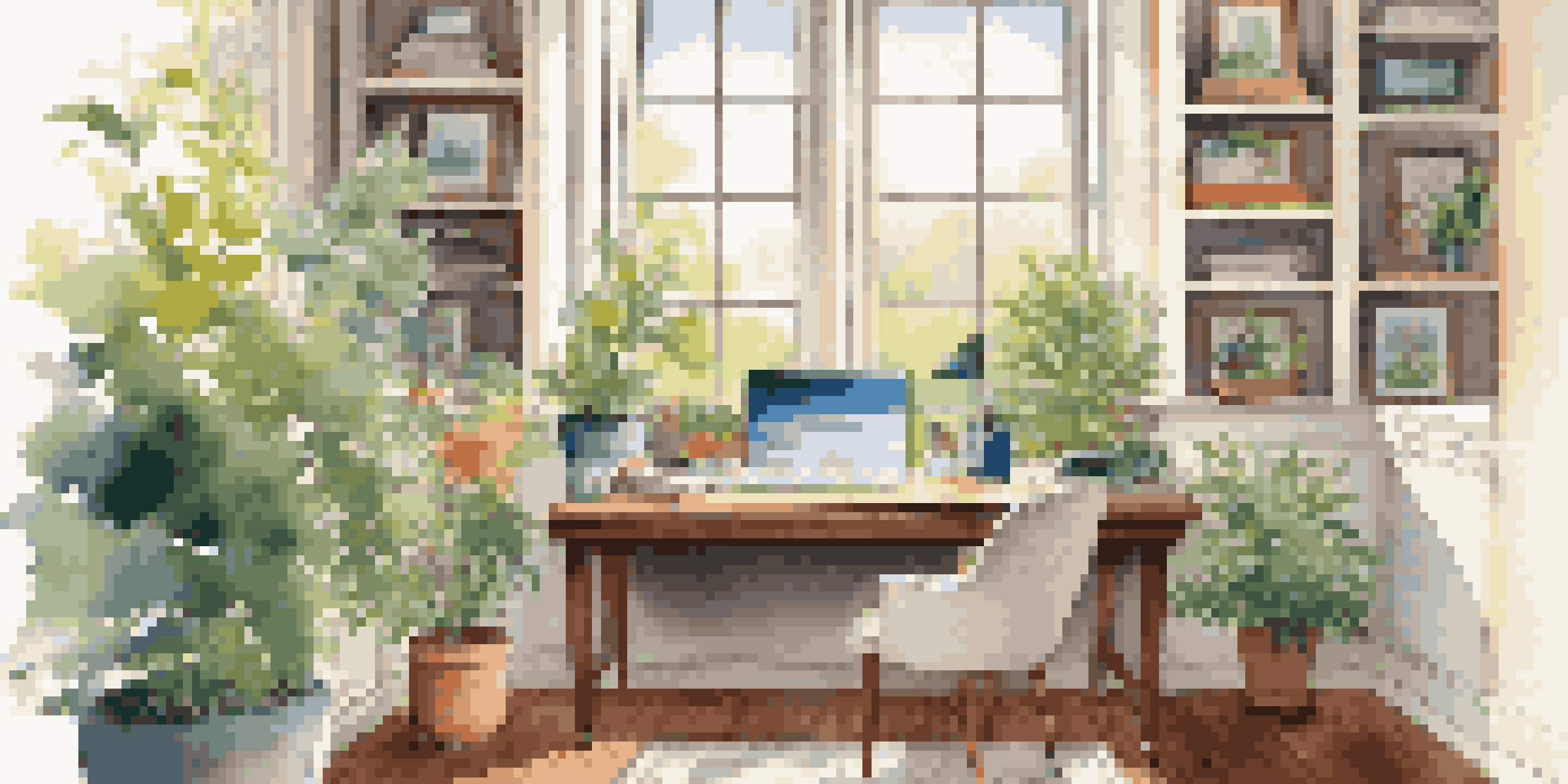 A bright home office featuring a large window with a view of a vibrant garden, warm light illuminating a wooden desk and chair.