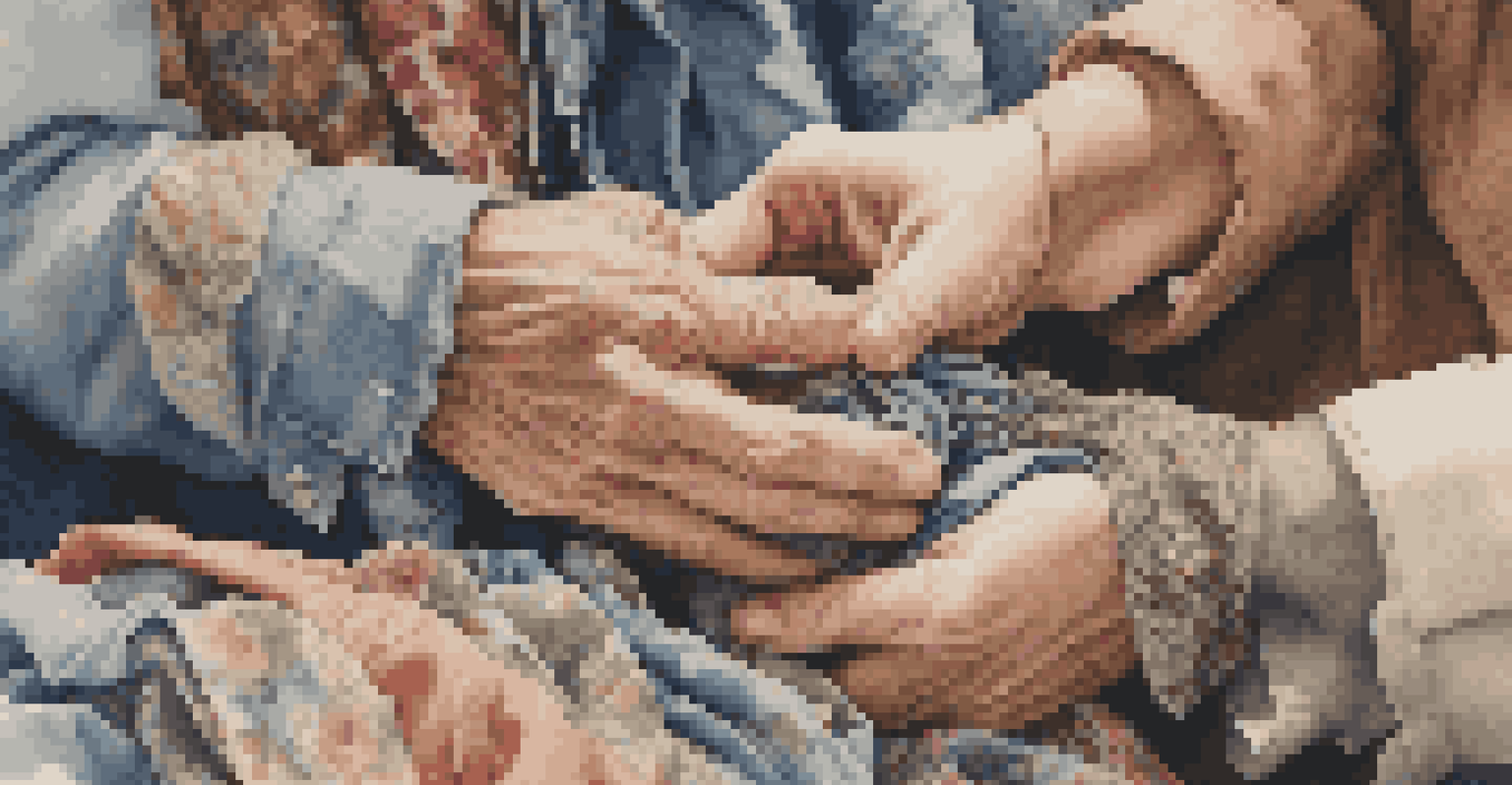 Close-up of hands exploring a pile of vintage clothing, showcasing various textures and patterns in soft, diffused lighting.
