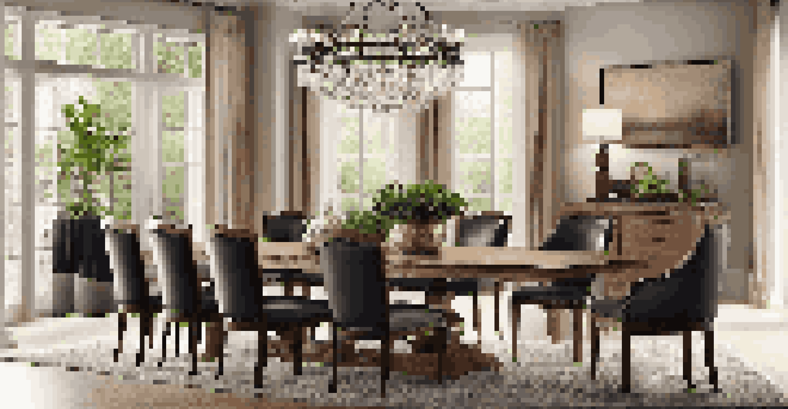 An elegant dining area with a wooden table, leather chairs, fine dinnerware, and a chandelier, enhanced by potted herbs.