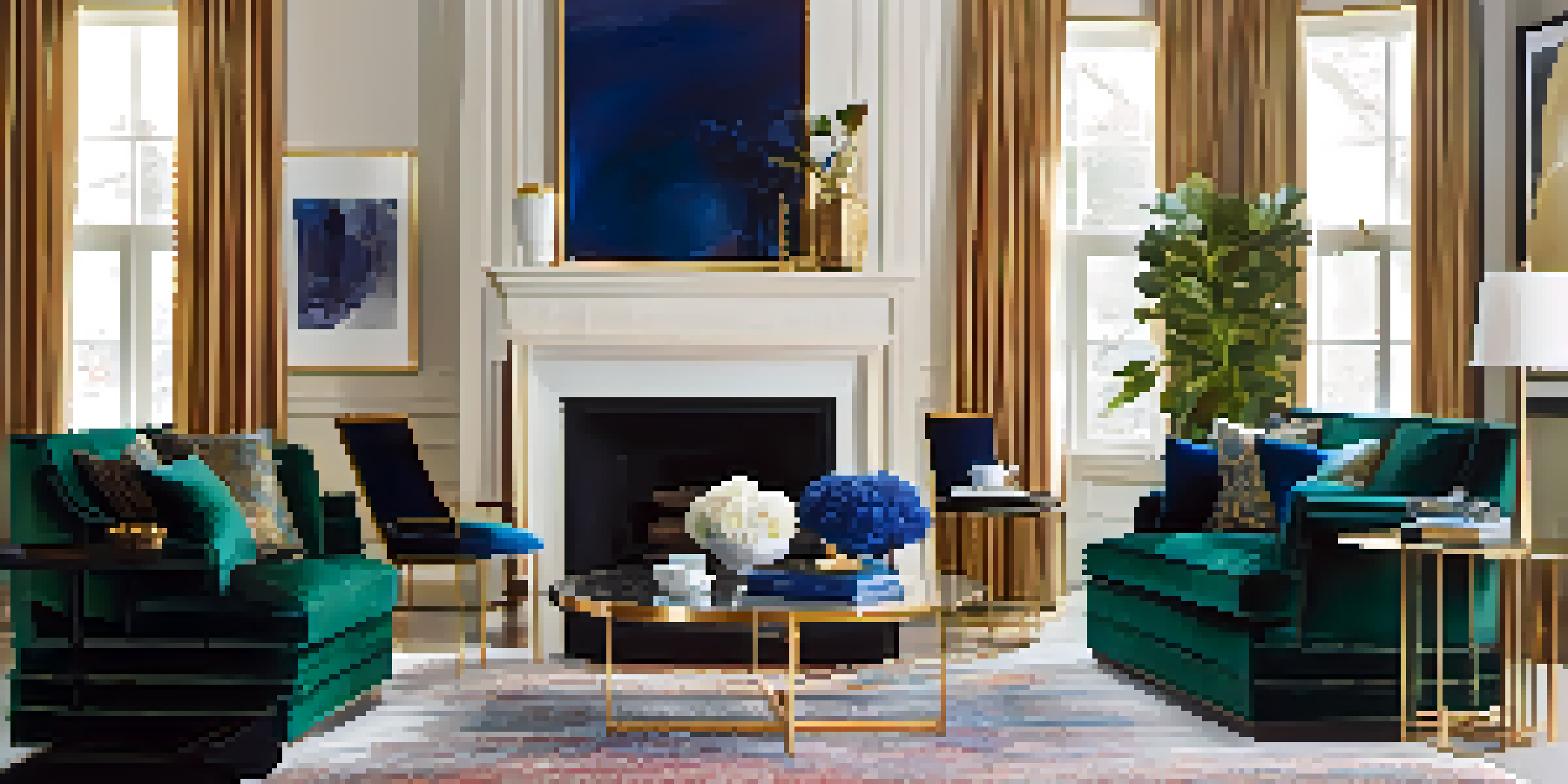 A luxurious living room with an emerald green velvet sofa, gold accents, and colorful throw pillows, illuminated by warm lighting and natural light from a window.
