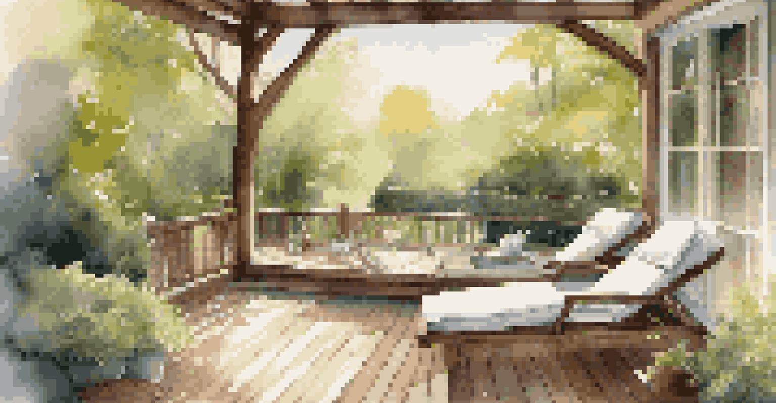 An outdoor spa area with lounge chairs and a view of a tranquil garden, illuminated by soft sunlight.