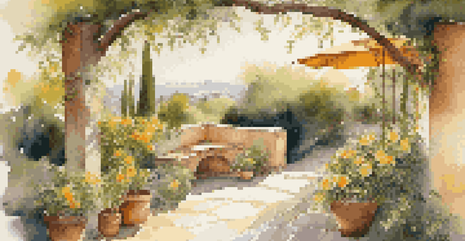 A Mediterranean garden with citrus trees and blooming jasmine under warm sunlight, featuring a rustic wooden bench.