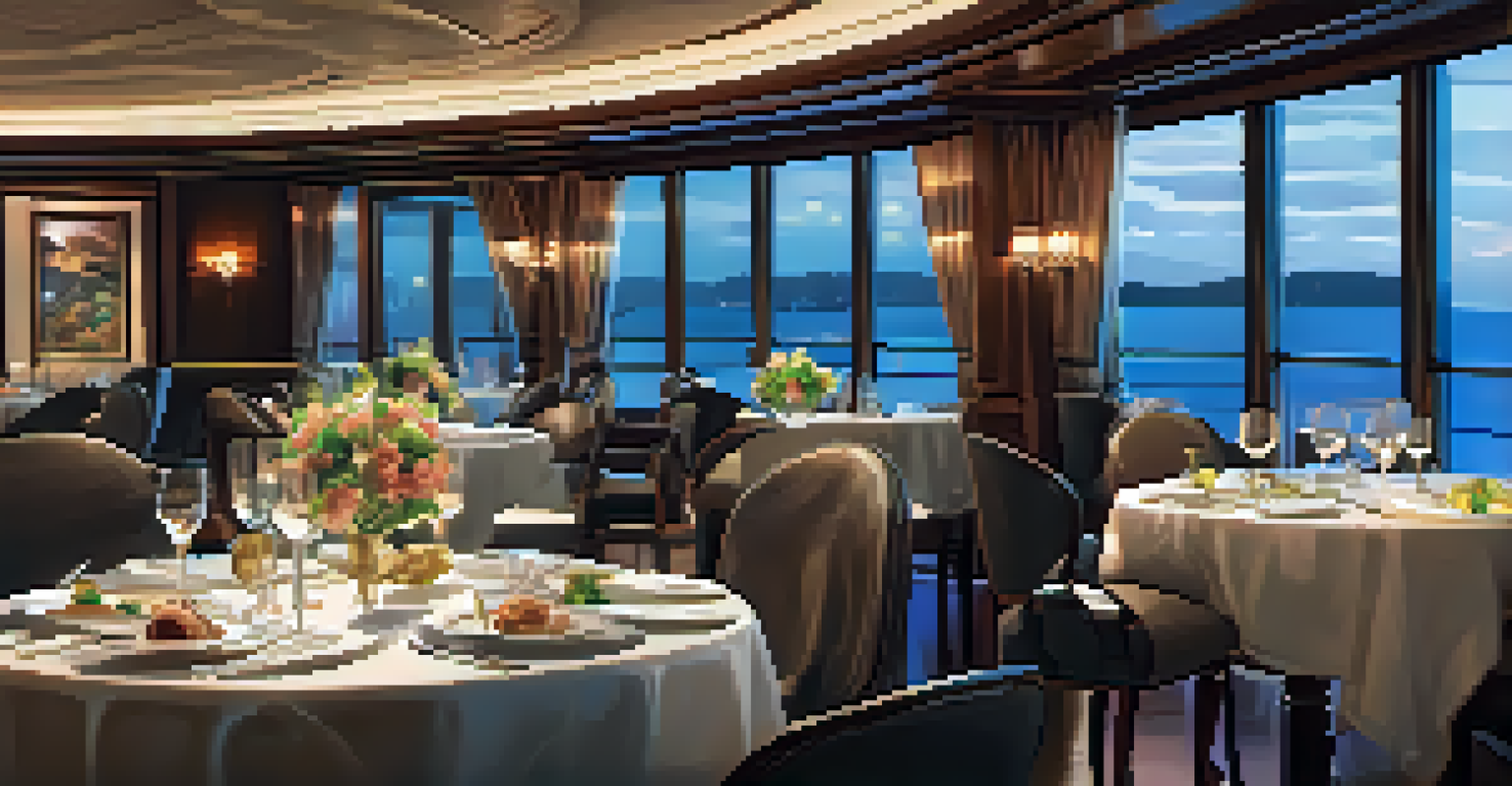 An elegant dining scene on a luxury cruise, with a set table and gourmet dishes displayed on augmented reality screens.