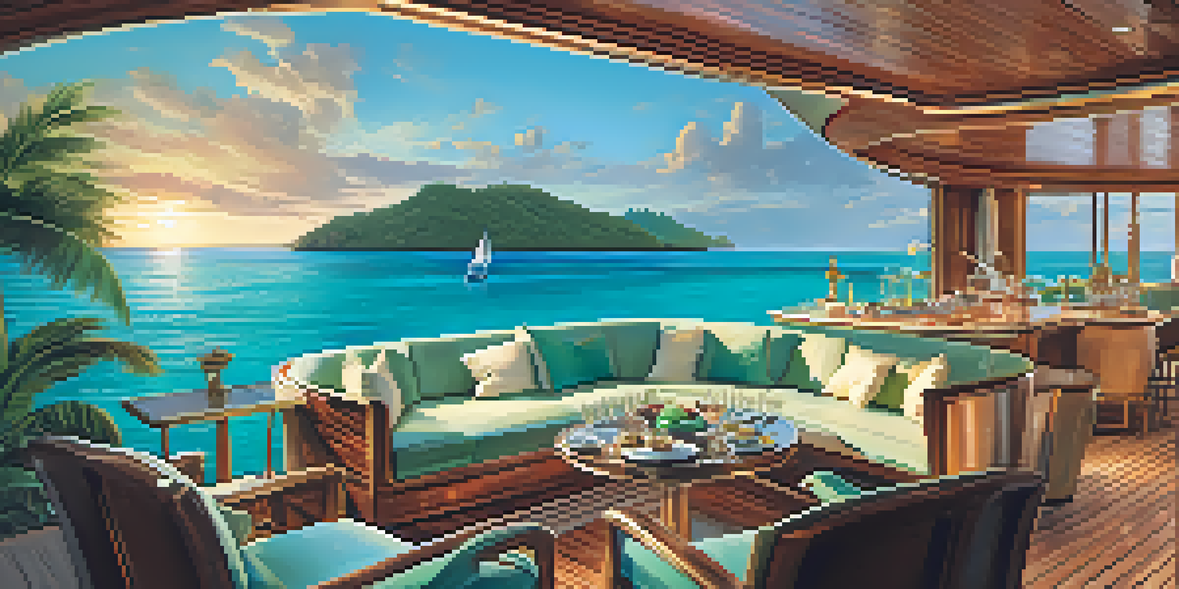 A luxurious yacht gliding over turquoise waters during sunset, with a chef preparing food on board and lush islands in the background.