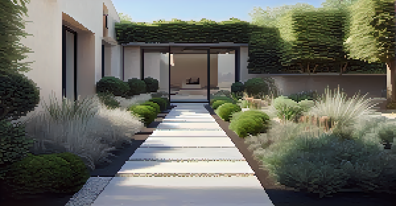 A serene minimalist garden with clean lines, a stone pathway, and sculptural plants under gentle sunlight.