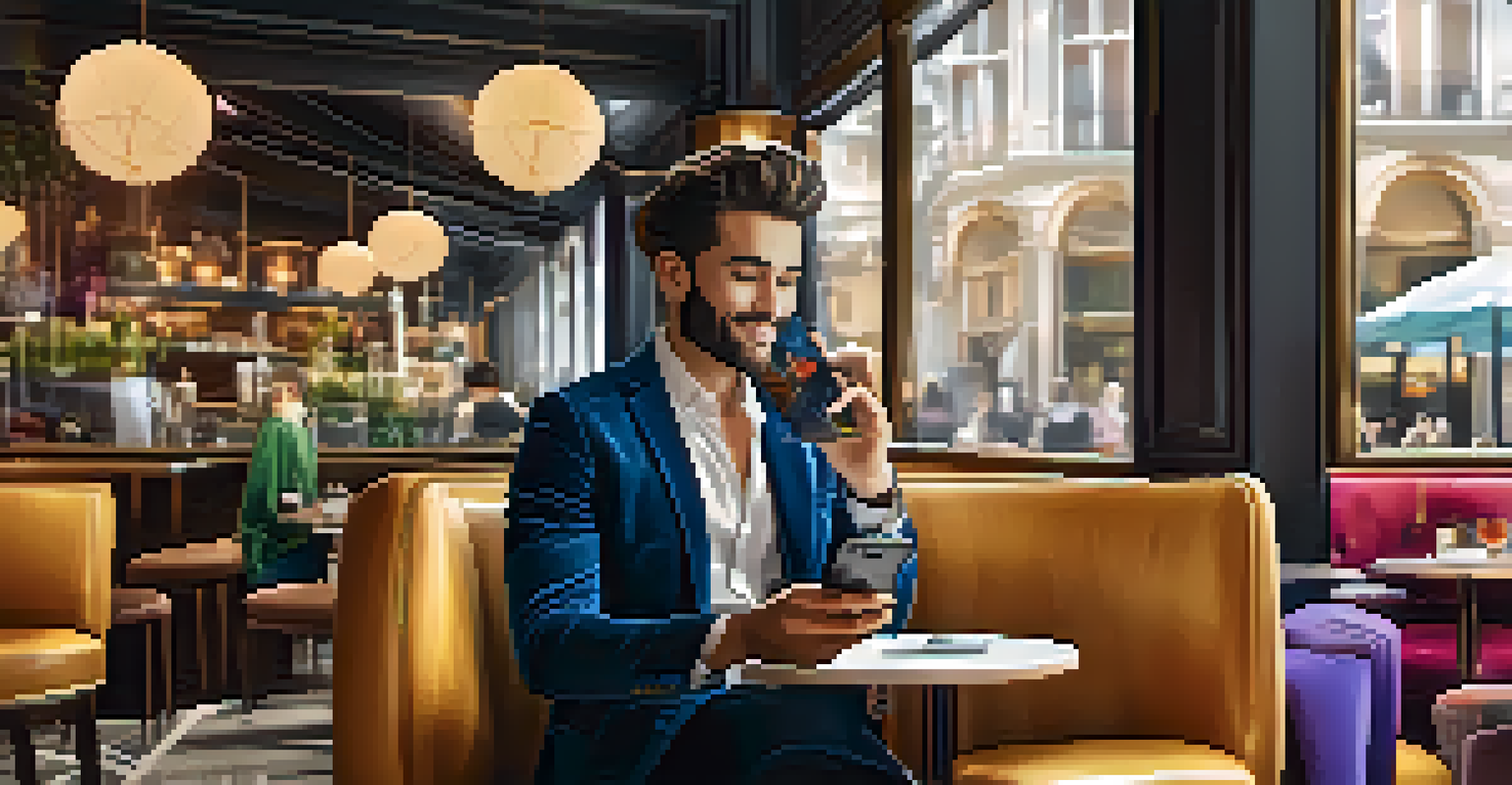 A stylish person using a luxury smartphone in a colorful urban cafe, engaged in a video call.