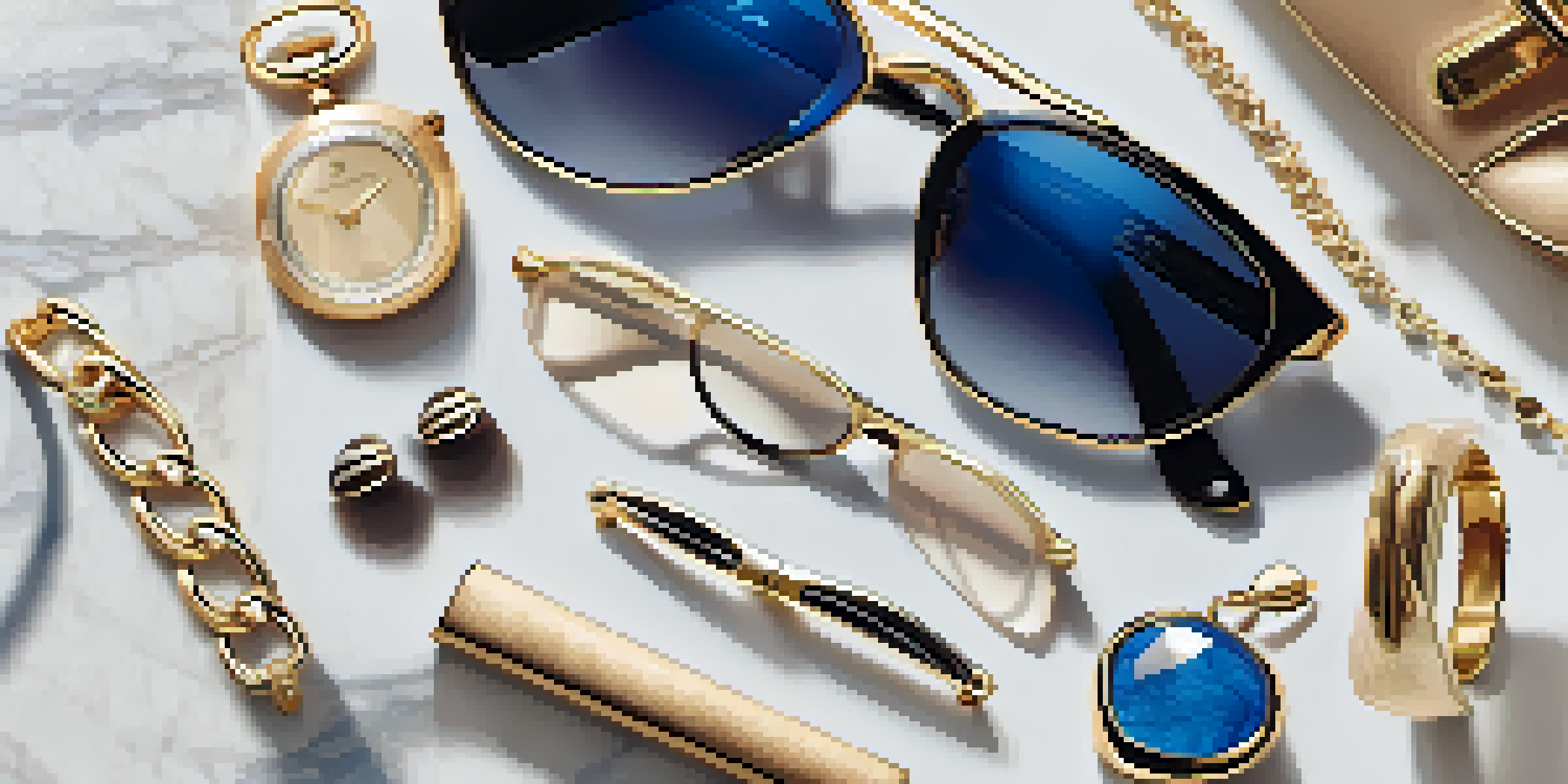 A flat lay arrangement of luxury fashion accessories, including a handbag, jewelry, and sunglasses on a marble surface, illuminated by natural light.