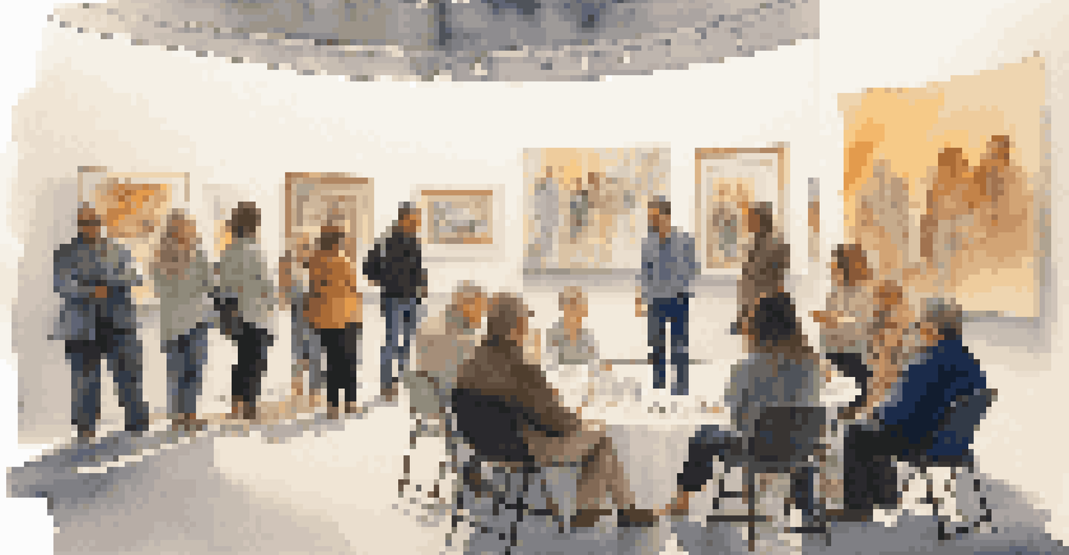An artist giving a talk to an audience at an art fair, surrounded by artwork.