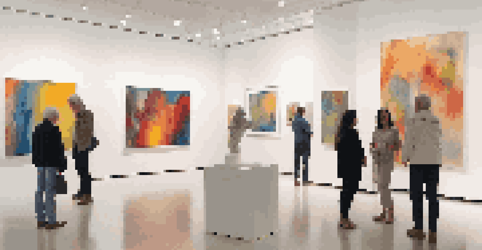 A vibrant contemporary art gallery with abstract paintings and sculptures, filled with engaged visitors.