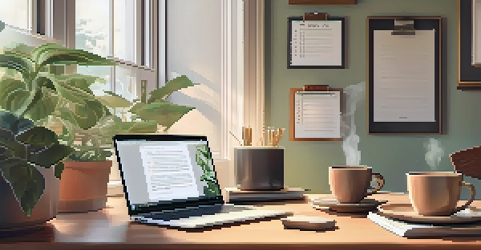 A peaceful workspace with a wooden desk, laptop, notebook, and coffee, bathed in soft morning light.