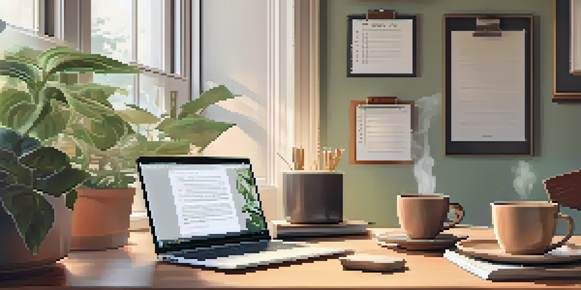 A peaceful workspace with a wooden desk, laptop, notebook, and coffee, bathed in soft morning light.